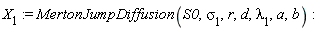 X[1] := MertonJumpDiffusion(S0, sigma[1], r, d, lambda[1], a, b)