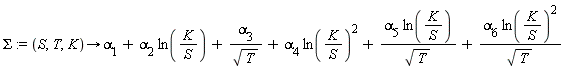 Sigma := proc (S, T, K) options operator, arrow; alpha[1]+alpha[2]*ln(K/S)+alpha[3]/sqrt(T)+alpha[4]*ln(K/S)^2+alpha[5]*ln(K/S)/sqrt(T)+alpha[6]*ln(K/S)^2/sqrt(T) end proc