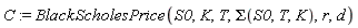 C := BlackScholesPrice(S0, K, T, Sigma(S0, T, K), r, d)