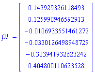 beta1 := Vector(6, {(1) = .143929326118493, (2) = .125990946592913, (3) = -0.106933551461272e-1, (4) = -0.330126498948729e-1, (5) = -.303941932623242, (6) = .404800110623528})