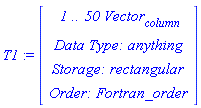 T1 := Vector(4, {(1) = ` 1 .. 50 `*Vector[column], (2) = `Data Type: `*anything, (3) = `Storage: `*rectangular, (4) = `Order: `*Fortran_order})