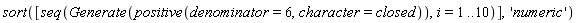 sort([seq(Generate(positive(denominator = 6, character = closed)), i = 1 .. 10)], 'numeric')