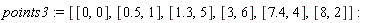 points3 := [[0, 0], [.5, 1], [1.3, 5], [3, 6], [7.4, 4], [8, 2]]: