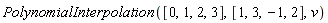 PolynomialInterpolation([0, 1, 2, 3], [1, 3, -1, 2], v)