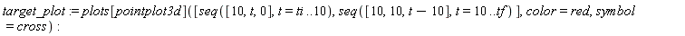 target_plot := plots[pointplot3d]([seq([10, t, 0], t = ti .. 10), seq([10, 10, t-10], t = 10 .. tf)], color = red, symbol = cross)