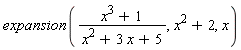 expansion((x^3+1)/(x^2+3*x+5), x^2+2, x)