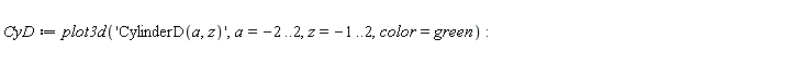 CyD := plot3d('CylinderD(a, z)', a = -2 .. 2, z = -1 .. 2, color = green):