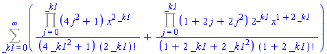 Sum((Product(4*j^2+1, j = 0 .. _k1))*x^(2*_k1)/((4*_k1^2+1)*factorial(2*_k1))+(Product(1+2*j+2*j^2, j = 0 .. _k1))*2^_k1*x^(1+2*_k1)/((1+2*_k1+2*_k1^2)*factorial(1+2*_k1)), _k1 = 0 .. infinity)