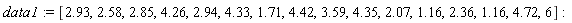 data1 := [2.93, 2.58, 2.85, 4.26, 2.94, 4.33, 1.71, 4.42, 3.59, 4.35, 2.07, 1.16, 2.36, 1.16, 4.72, 6]