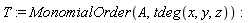 T := MonomialOrder(A, tdeg(x, y, z))