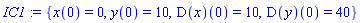 IC1 := {x(0) = 0, y(0) = 10, (D(x))(0) = 10, (D(y))(0) = 40}