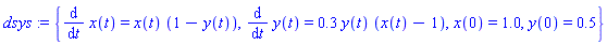 dsys := {diff(x(t), t) = x(t)*(1-y(t)), diff(y(t), t) = .3*y(t)*(x(t)-1), x(0) = 1.0, y(0) = .5}