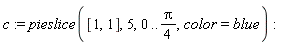 c := pieslice([1, 1], 5, 0 .. (1/4)*Pi, color = blue)