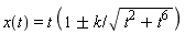 x(t) = t*(1+`&+-`(k/sqrt(t^2+t^6)))