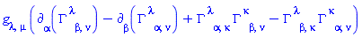 Physics:-g_[lambda, mu]*(Physics:-d_[alpha](Physics:-Christoffel[`~lambda`, beta, nu], [X])-Physics:-d_[beta](Physics:-Christoffel[`~lambda`, alpha, nu], [X])+Physics:-Christoffel[`~lambda`, alpha, kappa]*Physics:-Christoffel[`~kappa`, beta, nu]-Physics:-Christoffel[`~lambda`, beta, kappa]*Physics:-Christoffel[`~kappa`, alpha, nu])
