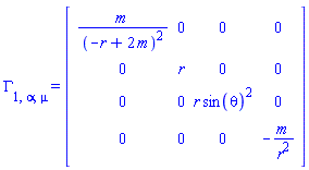 GAMMA[1, alpha, mu] = (Matrix(4, 4, {(1, 1) = m/(-r+2*m)^2, (1, 2) = 0, (1, 3) = 0, (1, 4) = 0, (2, 1) = 0, (2, 2) = r, (2, 3) = 0, (2, 4) = 0, (3, 1) = 0, (3, 2) = 0, (3, 3) = r*sin(theta)^2, (3, 4) = 0, (4, 1) = 0, (4, 2) = 0, (4, 3) = 0, (4, 4) = -m/r^2}))