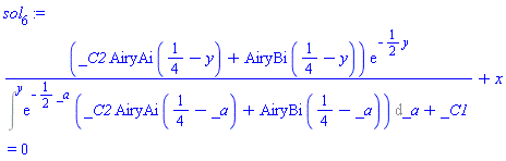 (_C2*AiryAi(1/4-y(x))+AiryBi(1/4-y(x)))*exp(-(1/2)*y(x))/(Intat(exp(-(1/2)*_a)*(_C2*AiryAi(1/4-_a)+AiryBi(1/4-_a)), _a = y(x))+_C1)+x = 0