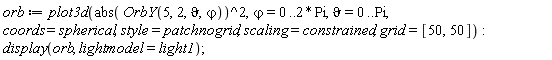 orb := plot3d(abs(OrbY(5, 2, `&vartheta;`, `&varphi;`))^2, `&varphi;` = 0 .. 2*Pi, `&vartheta;` = 0 .. Pi, coords = spherical, style = patchnogrid, scaling = constrained, grid = [50, 50]):