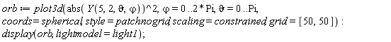 orb := plot3d(abs(Y(5, 2, `&vartheta;`, `&varphi;`))^2, `&varphi;` = 0 .. 2*Pi, `&vartheta;` = 0 .. Pi, coords = spherical, style = patchnogrid, scaling = constrained, grid = [50, 50]):