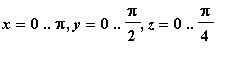 x = 0 .. Pi, y = 0 .. Pi/2, z = 0 .. Pi/4
