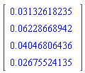 Vector(4, {(1) = 0.3132618235e-1, (2) = 0.6228668942e-1, (3) = 0.4046806436e-1, (4) = 0.2675524135e-1})