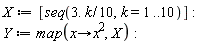 X := [seq(3.*k*(1/10), k = 1 .. 10)]; Y := map(proc (x) options operator, arrow; x^2 end proc, X)