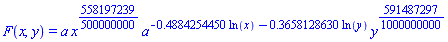 F(x, y) = a*x^(558197239/500000000)*a^(-.4884254450*ln(x)-.3658128630*ln(y))*y^(591487297/1000000000)