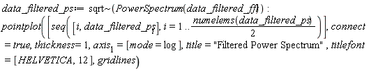 data_filtered_ps := `~`[sqrt](PowerSpectrum(data_filtered_fft)); -1; pointplot([seq([i, data_filtered_ps[i]], i = 1 .. (1/2)*numelems(data_filtered_ps))], connect = true, thickness = 1, axis[1] = [mode = log], title = "Filtered Power Spectrum", titlefont = [HELVETICA, 12], gridlines)