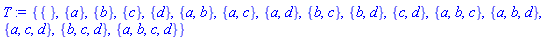 {{}, {a}, {b}, {c}, {d}, {a, b}, {a, c}, {a, d}, {b, c}, {b, d}, {c, d}, {a, b, c}, {a, b, d}, {a, c, d}, {b, c, d}, {a, b, c, d}}