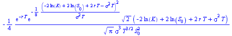 `+`(`-`(`/`(`*`(`/`(1, 4), `*`(exp(`+`(`-`(`*`(r, `*`(T))))), `*`(exp(`+`(`-`(`/`(`*`(`/`(1, 8), `*`(`^`(`+`(`-`(`*`(2, `*`(ln(K)))), `*`(2, `*`(ln(S[0]))), `*`(2, `*`(r, `*`(T))), `-`(`*`(`^`(sigma, ...