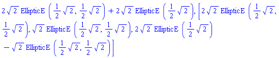 2*2^(1/2)*EllipticE((1/2)*2^(1/2), (1/2)*2^(1/2))+2*2^(1/2)*EllipticE((1/2)*2^(1/2)), [2*2^(1/2)*EllipticE((1/2)*2^(1/2), (1/2)*2^(1/2)), 2^(1/2)*EllipticE((1/2)*2^(1/2), (1/2)*2^(1/2)), 2*2^(1/2)*EllipticE((1/2)*2^(1/2))-2^(1/2)*EllipticE((1/2)*2^(1/2), (1/2)*2^(1/2))]