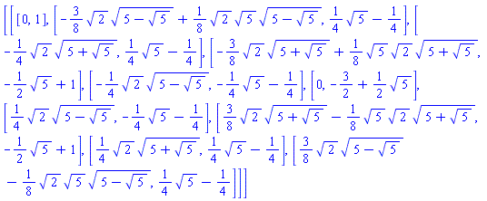 [[[0, 1], [-(3/8)*2^(1/2)*(5-5^(1/2))^(1/2)+(1/8)*2^(1/2)*5^(1/2)*(5-5^(1/2))^(1/2), (1/4)*5^(1/2)-1/4], [-(1/4)*2^(1/2)*(5+5^(1/2))^(1/2), (1/4)*5^(1/2)-1/4], [-(3/8)*2^(1/2)*(5+5^(1/2))^(1/2)+(1/8)*5^(1/2)*2^(1/2)*(5+5^(1/2))^(1/2), -(1/2)*5^(1/2)+1], [-(1/4)*2^(1/2)*(5-5^(1/2))^(1/2), -(1/4)*5^(1/2)-1/4], [0, -3/2+(1/2)*5^(1/2)], [(1/4)*2^(1/2)*(5-5^(1/2))^(1/2), -(1/4)*5^(1/2)-1/4], [(3/8)*2^(1/2)*(5+5^(1/2))^(1/2)-(1/8)*5^(1/2)*2^(1/2)*(5+5^(1/2))^(1/2), -(1/2)*5^(1/2)+1], [(1/4)*2^(1/2)*(5+5^(1/2))^(1/2), (1/4)*5^(1/2)-1/4], [(3/8)*2^(1/2)*(5-5^(1/2))^(1/2)-(1/8)*2^(1/2)*5^(1/2)*(5-5^(1/2))^(1/2), (1/4)*5^(1/2)-1/4]]]
