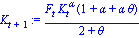 K[t+1] := F[t]*K[t]^alpha*(1+alpha+alpha*theta)/(2+theta)