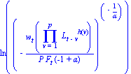 ln((-w[t]*(product(L[t-v]^h(v), v = 1 .. p))/(P*F[t]*(-1+alpha)))^(-1/alpha))