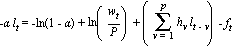 -alpha*l[t] = -ln(1-alpha)+ln(w[t]/P)+(sum(h[v]*l[t-v], v = 1 .. p))-f[t]