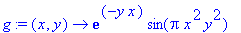 g := proc (x, y) options operator, arrow; exp(-y*x)*sin(Pi*x^2*y^2) end proc