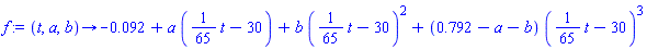 f := proc (t, a, b) options operator, arrow; -0.92e-1+a*((1/65)*t-30)+b*((1/65)*t-30)^2+(.792-a-b)*((1/65)*t-30)^3 end proc