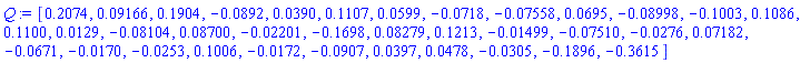 Q := Vector[row](36, {(1) = .2074, (2) = 0.9166e-1, (3) = .1904, (4) = -0.892e-1, (5) = 0.390e-1, (6) = .1107, (7) = 0.599e-1, (8) = -0.718e-1, (9) = -0.7558e-1, (10) = 0.695e-1, (11) = -0.8998e-1, (12) = -.1003, (13) = .1086, (14) = .1100, (15) = 0.129e-1, (16) = -0.8104e-1, (17) = 0.8700e-1, (18) = -0.2201e-1, (19) = -.1698, (20) = 0.8279e-1, (21) = .1213, (22) = -0.1499e-1, (23) = -0.7510e-1, (24) = -0.276e-1, (25) = 0.7182e-1, (26) = -0.671e-1, (27) = -0.170e-1, (28) = -0.253e-1, (29) = .1006, (30) = -0.172e-1, (31) = -0.907e-1, (32) = 0.397e-1, (33) = 0.478e-1, (34) = -0.305e-1, (35) = -.1896, (36) = -.3615})