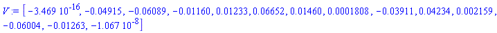 V := Vector[row](14, {(1) = -0.3469000000e-15, (2) = -0.4915e-1, (3) = -0.6089e-1, (4) = -0.1160e-1, (5) = 0.1233e-1, (6) = 0.6652e-1, (7) = 0.1460e-1, (8) = 0.1808e-3, (9) = -0.3911e-1, (10) = 0.4234e-1, (11) = 0.2159e-2, (12) = -0.6004e-1, (13) = -0.1263e-1, (14) = -0.1067000000e-7})