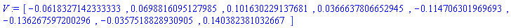 V := Vector[row](8, {(1) = -0.618327142333333e-1, (2) = 0.698816095127985e-1, (3) = .101630229137681, (4) = 0.366637806652945e-1, (5) = -.114706301969693, (6) = -.136267597200296, (7) = -0.357518828930905e-1, (8) = .140382381032667})