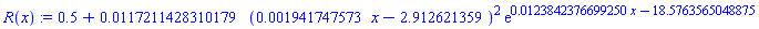 R(x) := .5+0.117211428310179e-1*(0.1941747573e-2*x-2.912621359)^2*exp(0.123842376699250e-1*x-18.5763565048875)