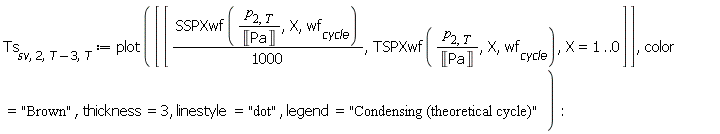 Ts[sv, 2, Units:-Standard:-`+`(T, -3), T] := plot([[Units:-Standard:-`*`(SSPXwf(Units:-Standard:-`*`(p[2, T], Units:-Standard:-`/`(Unit('Pa'))), X, wf[cycle]), Units:-Standard:-`/`(1000)), TSPXwf(Units:-Standard:-`*`(p[2, T], Units:-Standard:-`/`(Unit('Pa'))), X, wf[cycle]), X = 1 .. 0]], color = "Brown", thickness = 3, linestyle = "dot", legend = "Condensing (theoretical cycle)"):