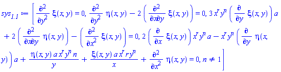 [diff(diff(xi(x, y), y), y) = 0, diff(diff(eta(x, y), y), y)-2*(diff(diff(xi(x, y), x), y)) = 0, 3*x^r*y^n*(diff(xi(x, y), y))*a+2*(diff(diff(eta(x, y), x), y))-(diff(diff(xi(x, y), x), x)) = 0, 2*(diff(xi(x, y), x))*x^r*y^n*a-x^r*y^n*(diff(eta(x, y), y))*a+eta(x, y)*a*x^r*y^n*n/y+xi(x, y)*a*x^r*r*y^n/x+diff(diff(eta(x, y), x), x) = 0, n <> 1]
