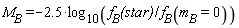 "M[B]=-2.5*(log)[10](f[B]"(star)"/f[B](m[B]=0))"