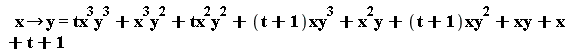 proc (x) options operator, arrow; y = tx^3*y^3+x^3*y^2+tx^2*y^2+(t+1)*xy^3+x^2*y+(t+1)*xy^2+xy+x+t+1 end proc