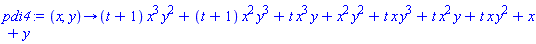 proc (x, y) options operator, arrow; (t+1)*x^3*y^2+(t+1)*x^2*y^3+t*x^3*y+x^2*y^2+t*x*y^3+t*x^2*y+t*x*y^2+x+y end proc