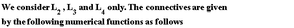 "We consider L[2] , L[3] and L[4] only. The connectives are given by the following numerical functions as follows"
