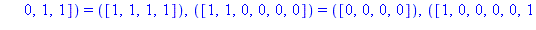 TABLE([([1, 1, 0, 0, 1, 0]) = ([0, 1, 1, 0]), ([0, 1, 0, 1, 1, 0]) = ([1, 1, 1, 0]), ([0, 0, 1, 1, 1, 0]) = ([0, 0, 0, 1]), ([1, 0, 1, 1, 0, 1]) = ([1, 0, 0, 0]), ([1, 0, 0, 0, 1, 0]) = ([1, 0, 1, 1])...