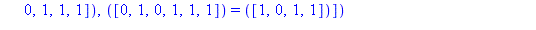 TABLE([([1, 1, 0, 0, 1, 0]) = ([0, 1, 1, 0]), ([0, 1, 0, 1, 1, 0]) = ([1, 1, 1, 0]), ([0, 0, 1, 1, 1, 0]) = ([0, 0, 0, 1]), ([1, 0, 1, 1, 0, 1]) = ([1, 0, 0, 0]), ([1, 0, 0, 0, 1, 0]) = ([1, 0, 1, 1])...