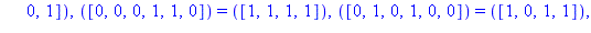 TABLE([([1, 1, 0, 0, 1, 0]) = ([1, 1, 1, 1]), ([0, 1, 0, 1, 1, 0]) = ([0, 0, 0, 0]), ([0, 0, 1, 1, 1, 0]) = ([0, 1, 1, 1]), ([1, 0, 1, 1, 0, 1]) = ([1, 1, 0, 1]), ([1, 0, 0, 0, 1, 0]) = ([0, 1, 1, 1])...